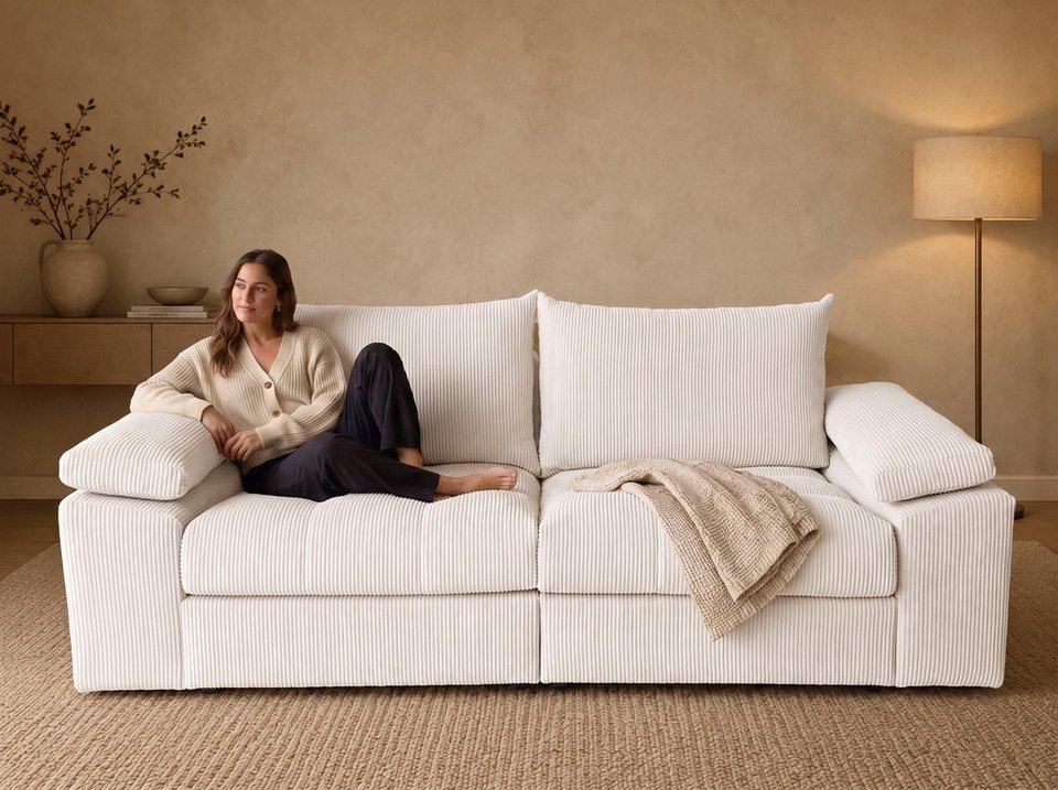 Cord Big-Sofa SOFT&COSY PIK XL 246 cm in Creme mit gesteppter Sitzfläche