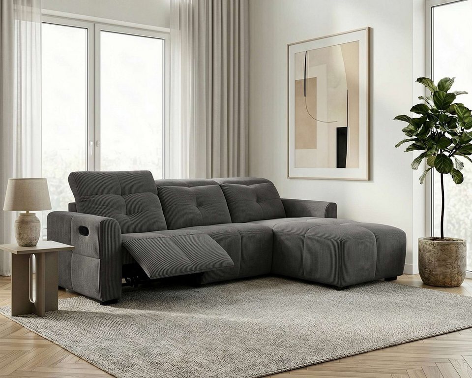 Cord Ecksofa CAARLA 261 cm in Anthrazit mit Recamiere rechts