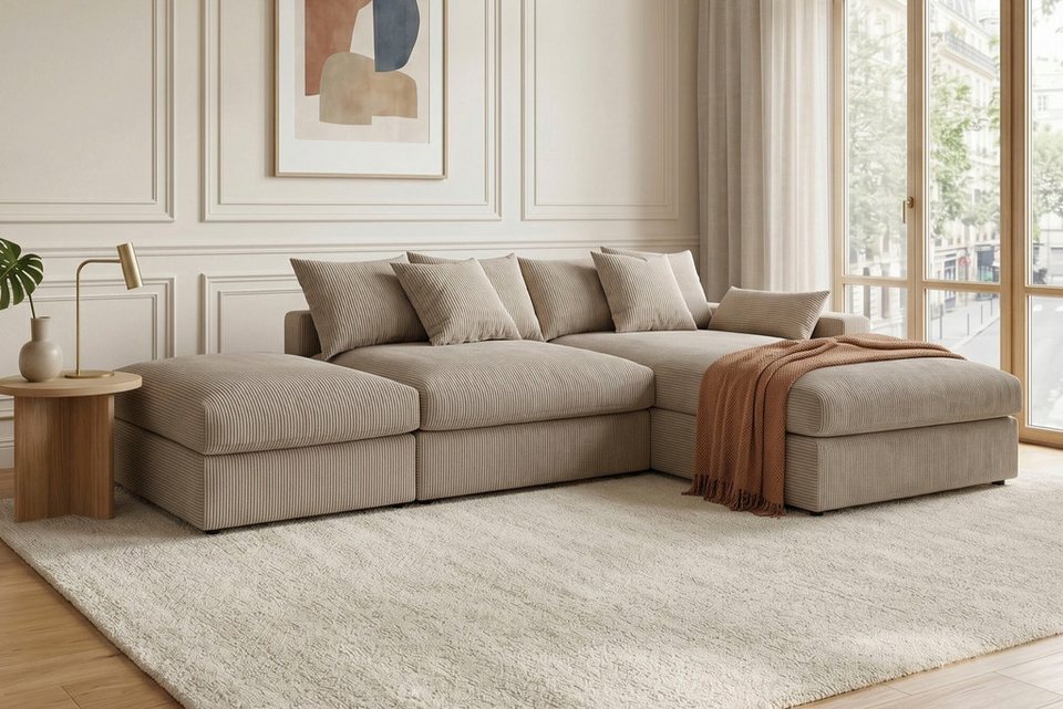 Cord Ecksofa COSY LOUNGE in Taupe mit Recamiere und Hocker