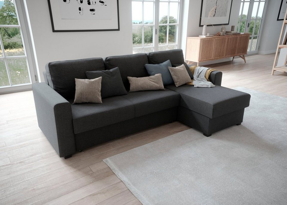 Cord Ecksofa DUBLIN in Dunkelgrau mit Recamiere und Bettkasten