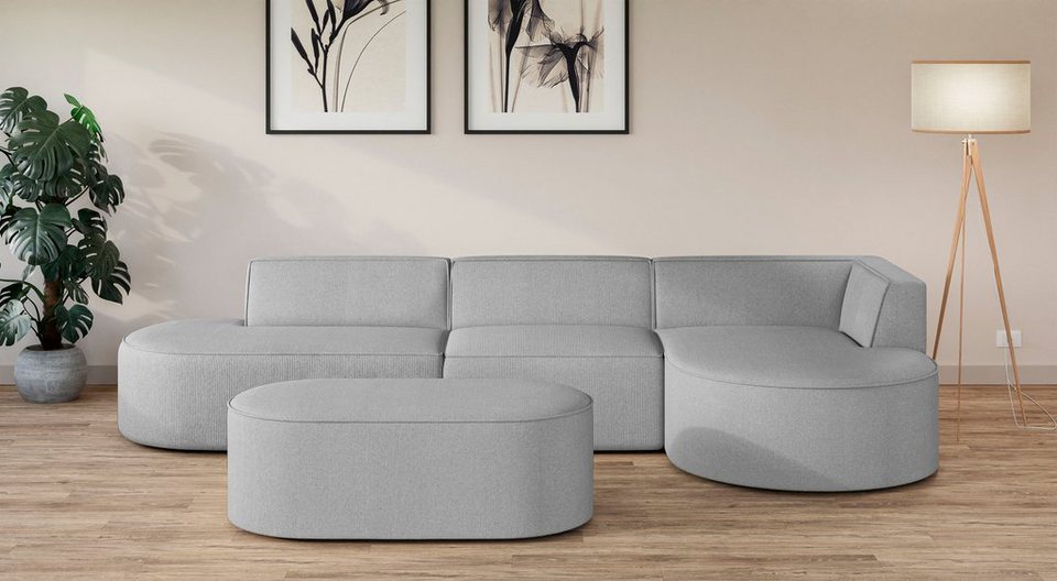 Cord Ecksofa EIVIND in Hellgrau mit Ottomane rechts