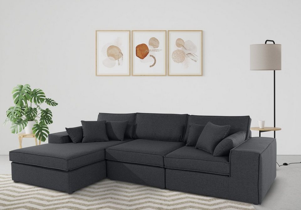 Cord Ecksofa FLORID in Anthrazit mit Ottomane links