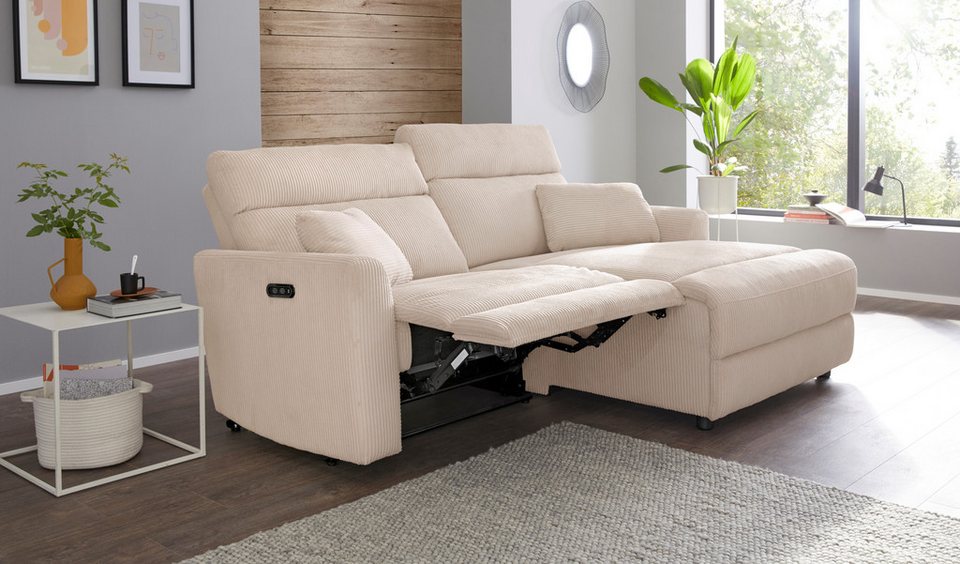 Cord Ecksofa JENNA in Creme mit Relaxfunktion und Recamiere