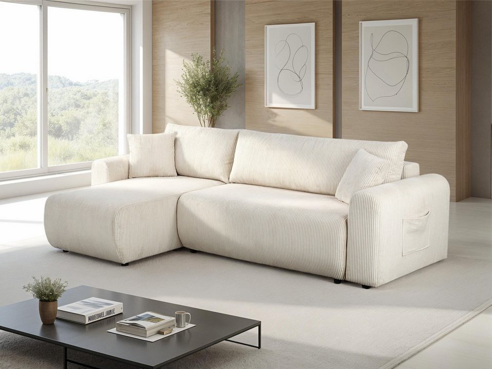 Cord Ecksofa JONAA in Creme mit Recamiere und Bettkasten