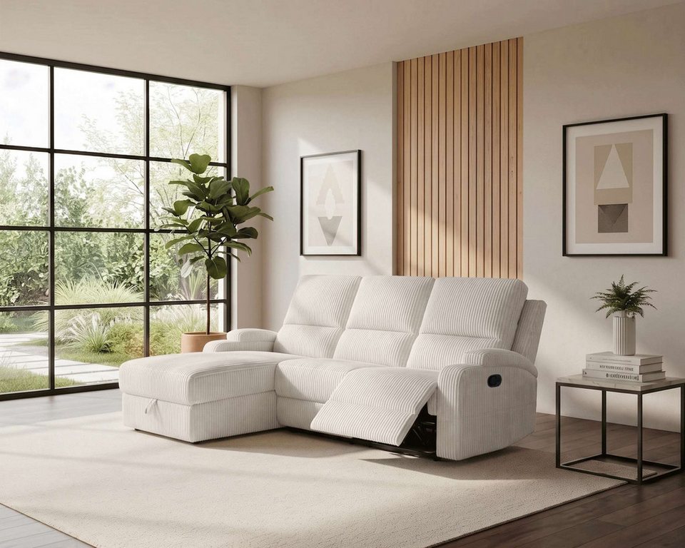 Cremefarbenes Cord Ecksofa NAPORI mit Recamiere links