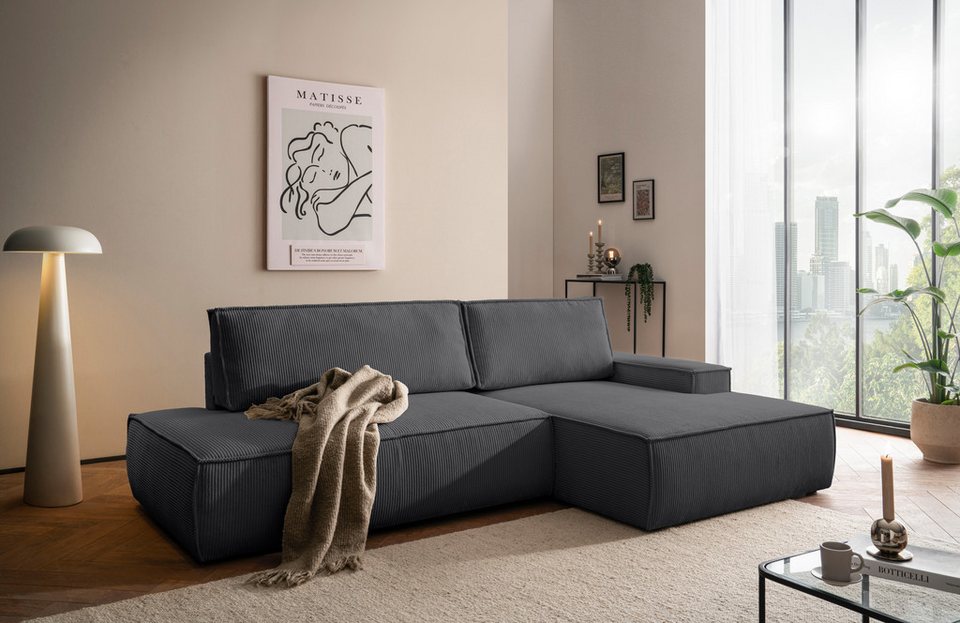 Cord Ecksofa SHERWOOD 275 cm in Anthrazit mit Recamiere rechts
