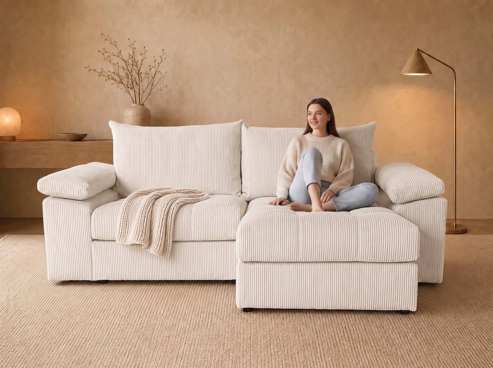 Cremefarbenes Cord Ecksofa SOFT und COSY PIK mit Sitzsteppung