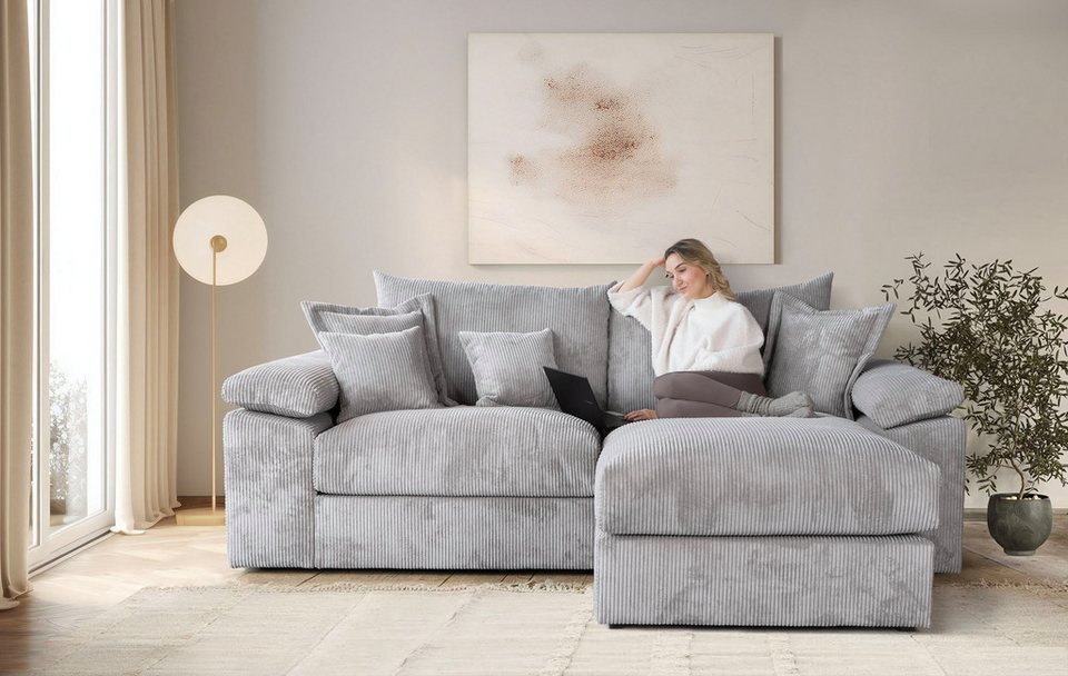 Cord Ecksofa Soft und Cosy XL in Grau mit Recamiere