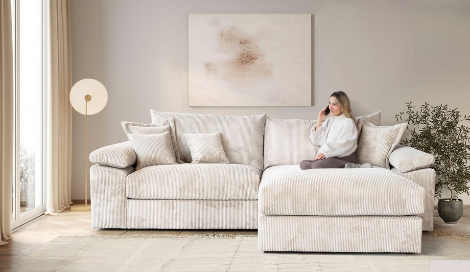 Cord Ecksofa Soft und Cosy XXL in Creme mit Recamiere