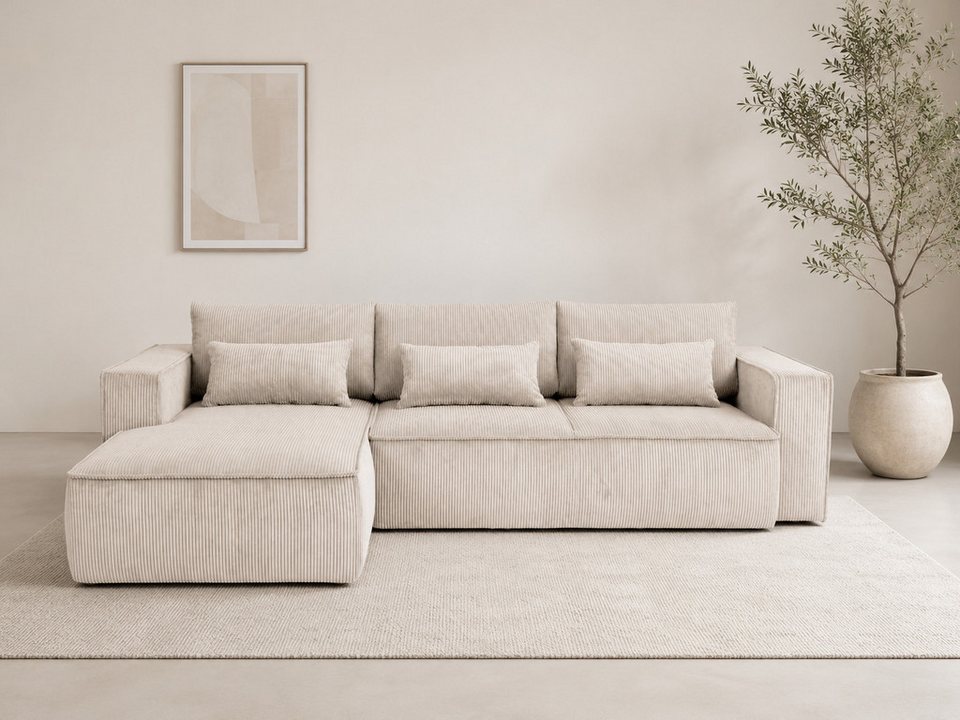Cord Ecksofa TILLIAN in Creme mit Schlaffunktion und Bettkasten