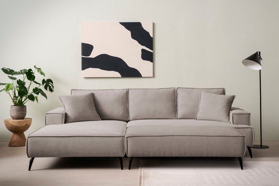 Cord Ecksofa TVINNU in Hellbraun mit Hocker 275 cm breit