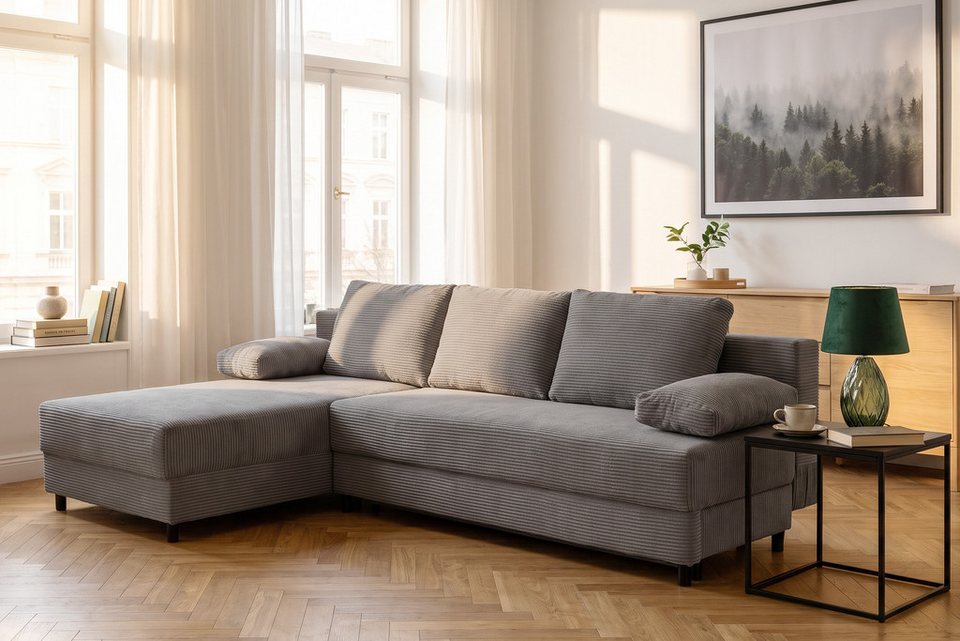 Cord Schlafsofa ONNIKO in Anthrazit in L-Form