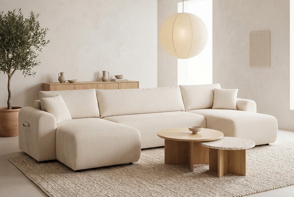 Cord Wohnlandschaft JONAA in U-Form in Creme