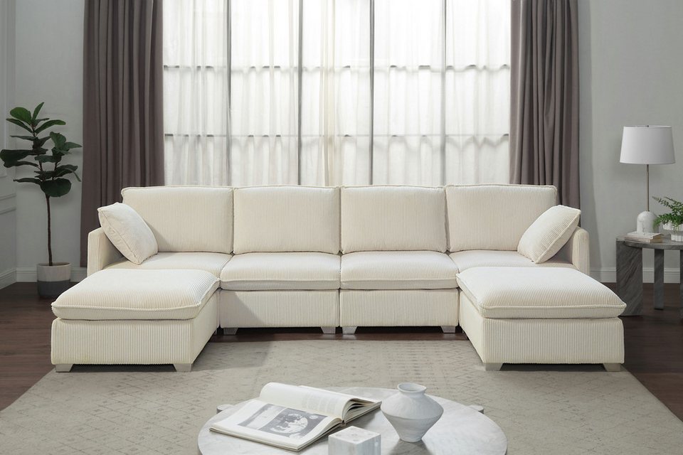 Cord Wohnlandschaft MATTI 310 cm in Creme mit zwei Hockern