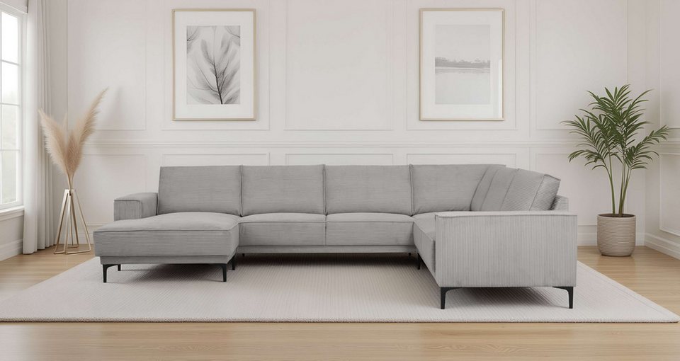 Cord Wohnlandschaft OLAND 342 cm in Hellgrau in U-Form