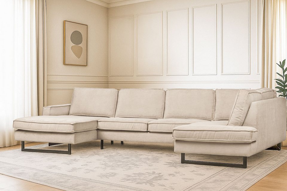 Cord Wohnlandschaft PINTO 350 cm in Hellgrau in U-Form
