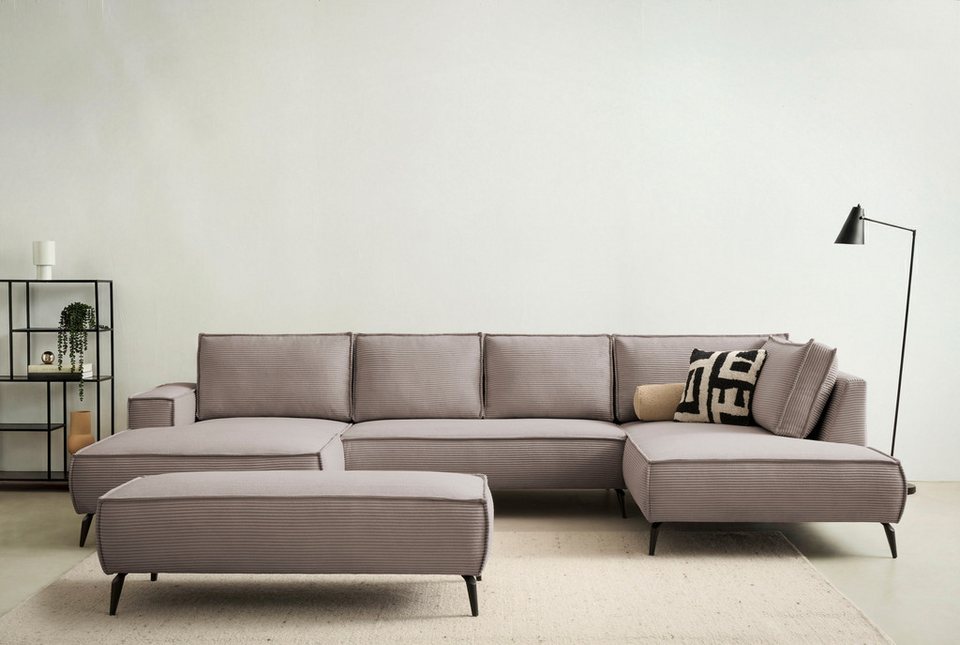 Cord Wohnlandschaft TVINNU in Hellbraun mit Hocker