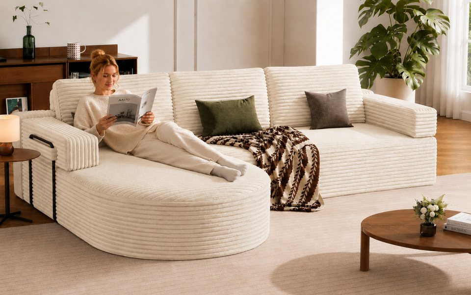 Cord Ecksofa 265 cm in Beige mit abgerundeter Ottomane