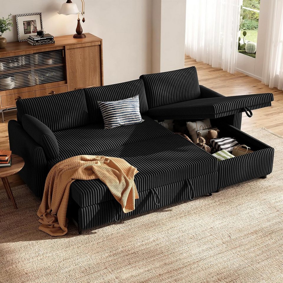 Schwarzes Cord Ecksofa in L-Form mit Ottomane und Zierkissen