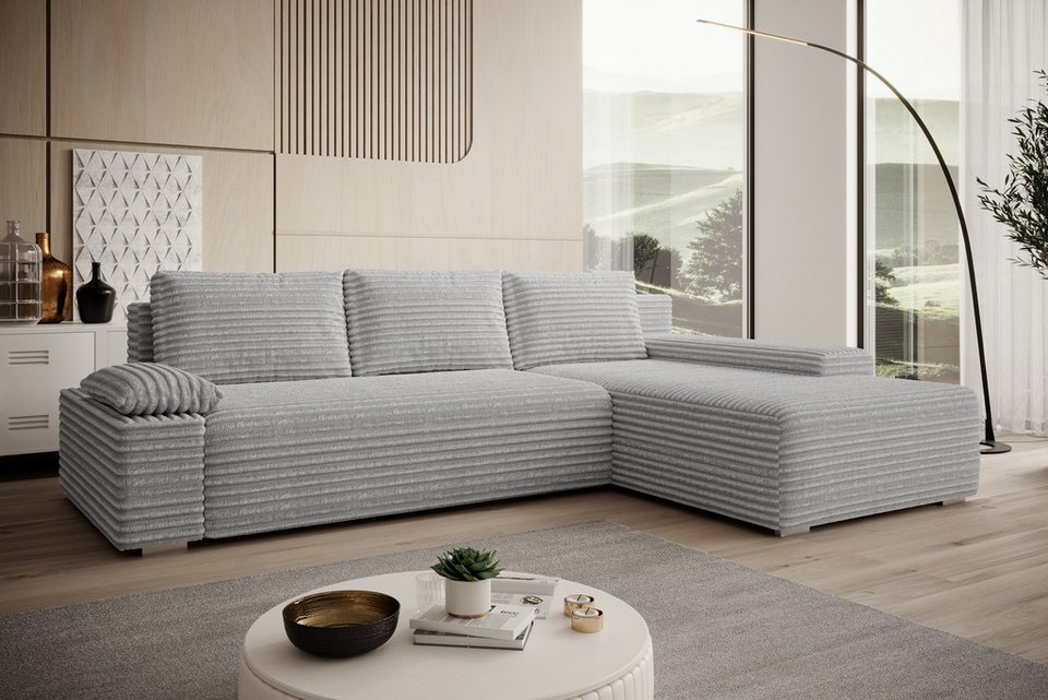 Cord Ecksofa LINEA in Hellgrau mit Schlaffunktion