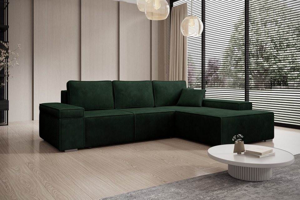 Cord Ecksofa MILO in Grün mit Schlaffunktion und Bettkasten
