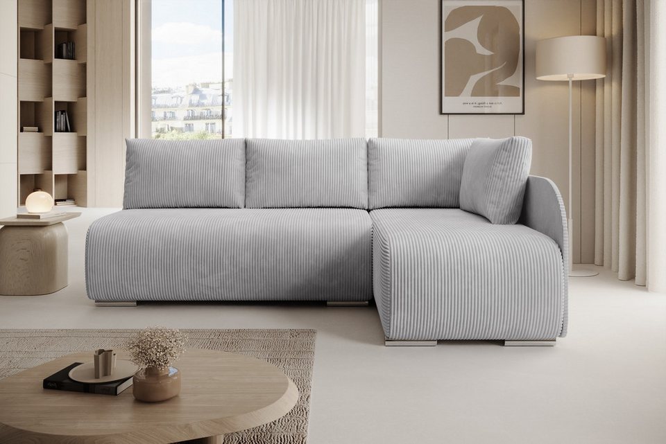 Kleines Cord Ecksofa in Hellgrau mit Schlaffunktion