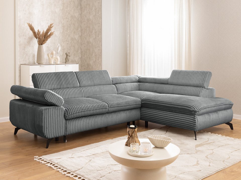 Cord Ecksofa BONNIE in Grau mit Schlaffunktion und Bettkasten