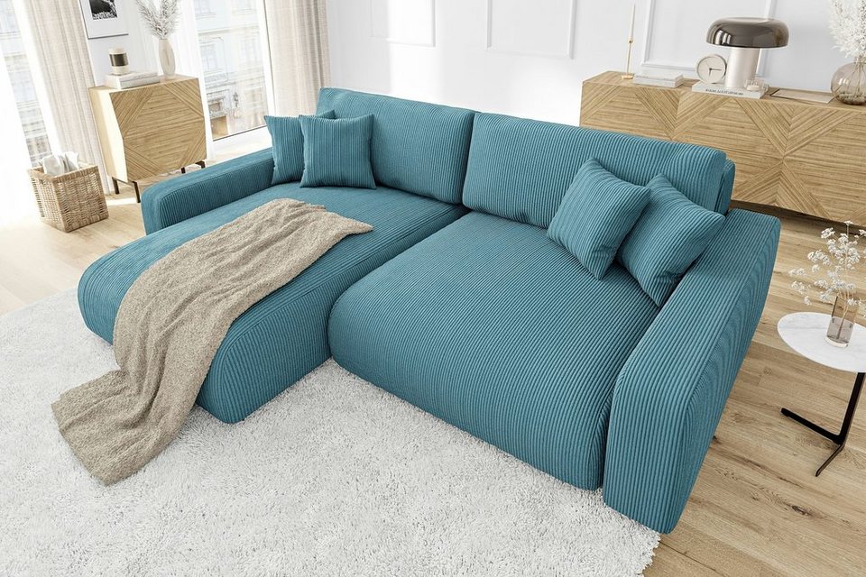 Cord Ecksofa EMMA in Türkis mit Ottomane links