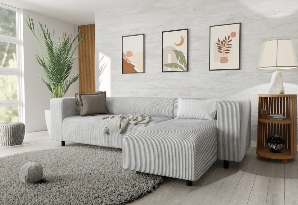 Cord Ecksofa GUSTAV mit Ottomane in Hellgrau