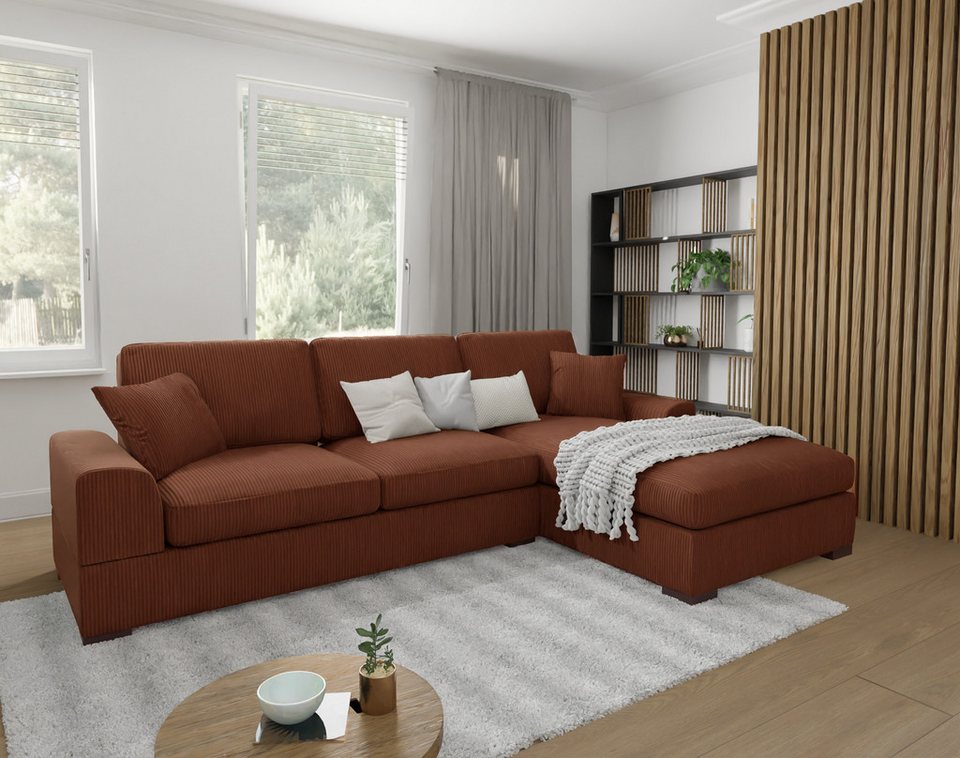 Cord Ecksofa LEIF in Terrakotta mit Ottomane rechts