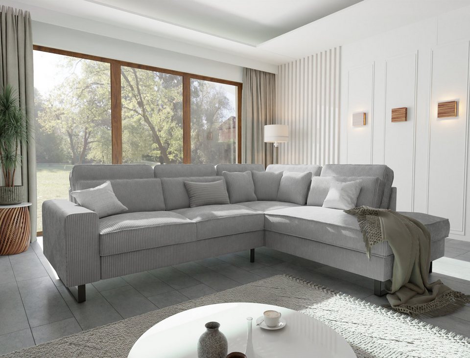 Cord Ecksofa TIDE in Hellgrau mit schwarzen Metallfüßen