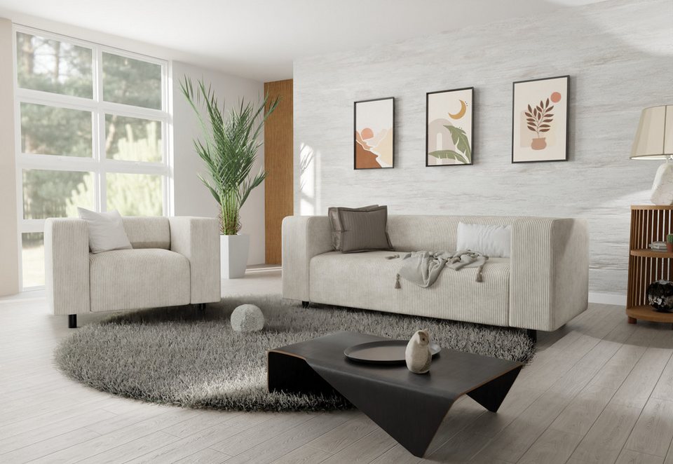 Cord Polstergarnitur Gustav in Beige mit Sofa und Sessel