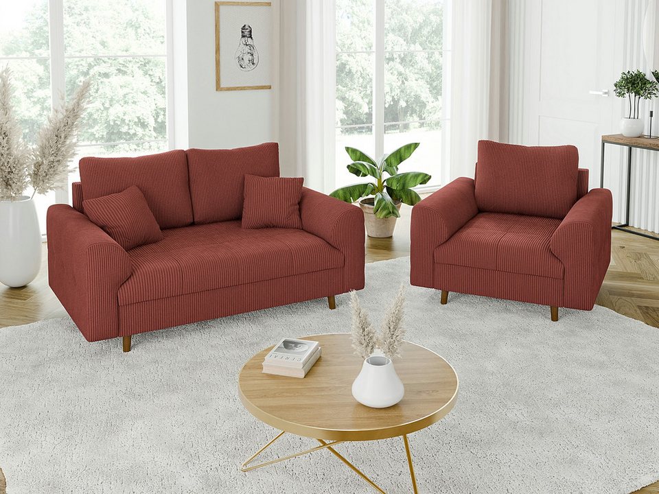 Cord Polstergarnitur ZARA in Terrakotta mit Sessel