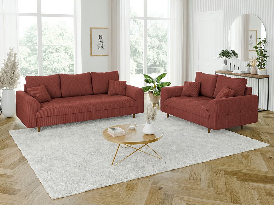 Cord Sofa Set ZARA in Terrakotta mit Holzfüßen