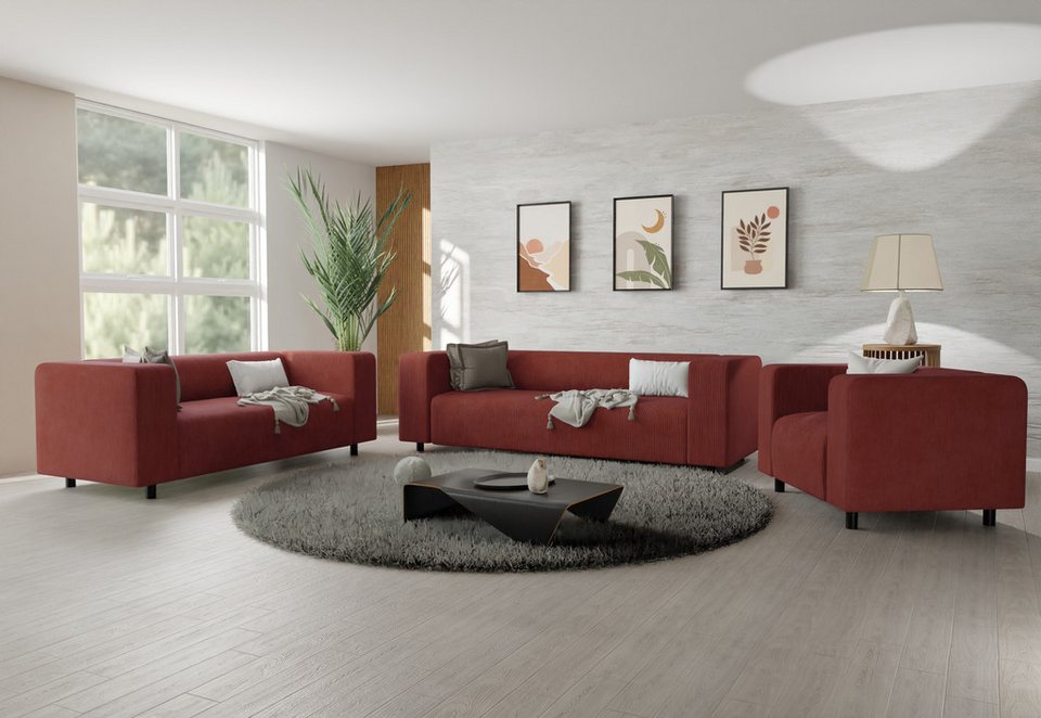 Cord Polstergarnitur GUSTAV in Terrakotta mit 3-Sitzer 2-Sitzer und Sessel
