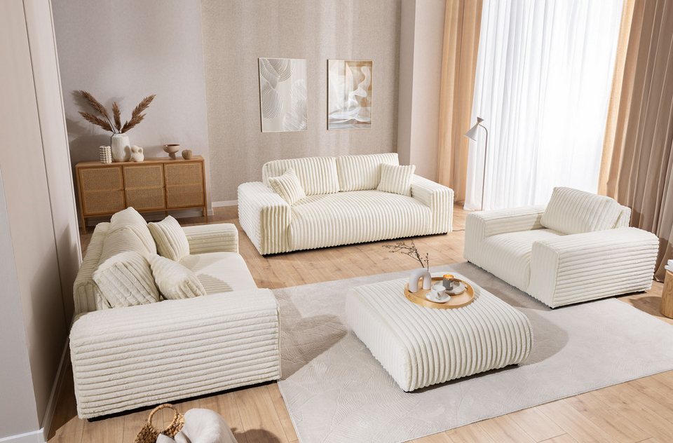 Cord Polstergarnitur MOLLIS in Hellbeige mit Sofa und Sessel