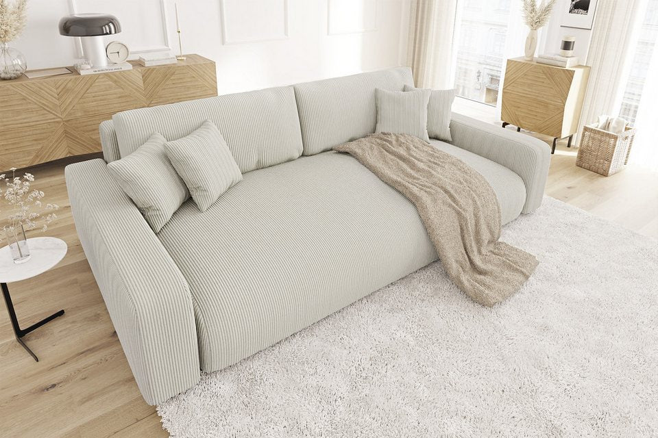 Cord Schlafsofa EMMA in Beige mit Bettkasten