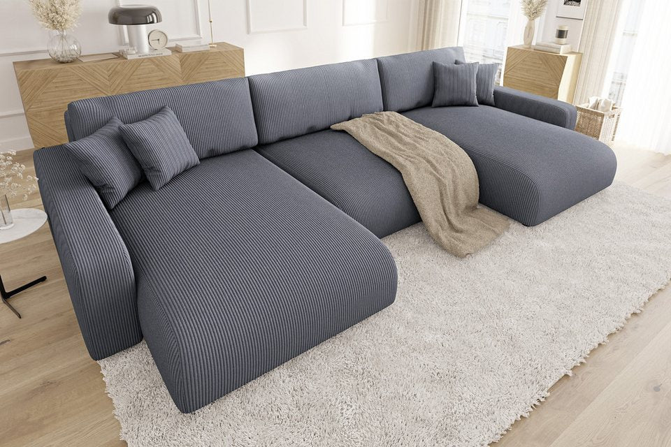 Cord Wohnlandschaft EMMA 332 cm in Grau mit Schlaffunktion