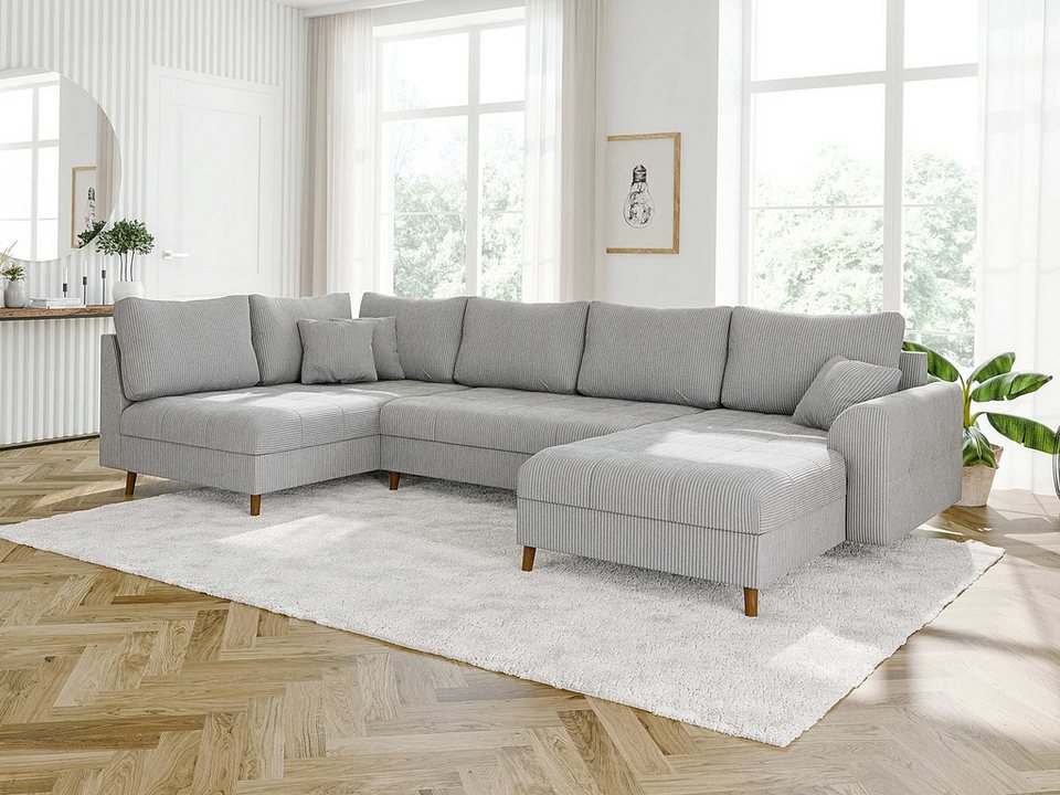 Cord Wohnlandschaft ZARA in Hellgrau mit brauen Holzfuessen