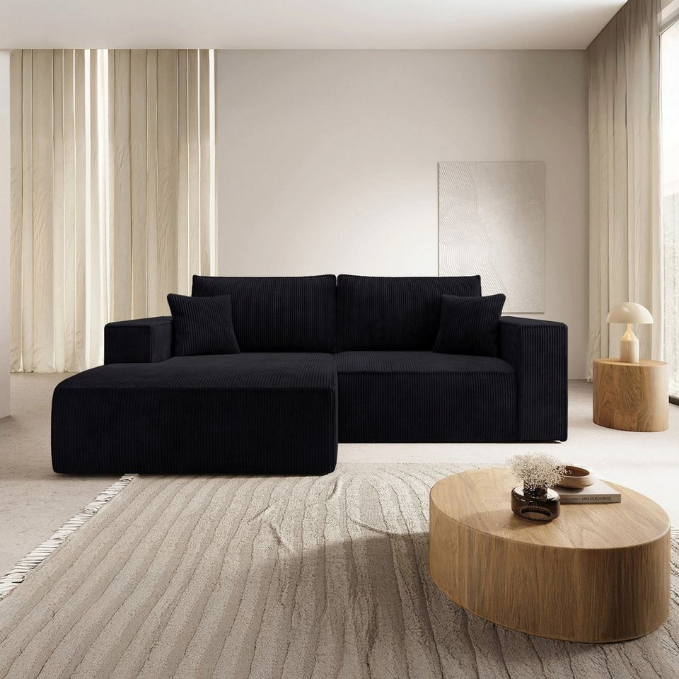 Cord Ecksofa FARESE MINI in Schwarz mit Ottomane links