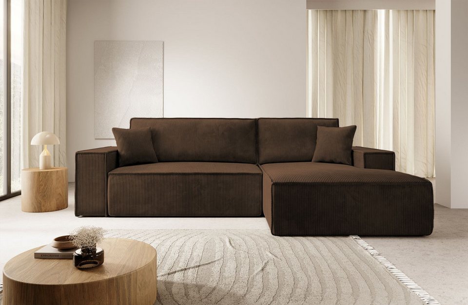 Cord Ecksofa FARESE NEW 267 cm in Braun mit Ottomane rechts