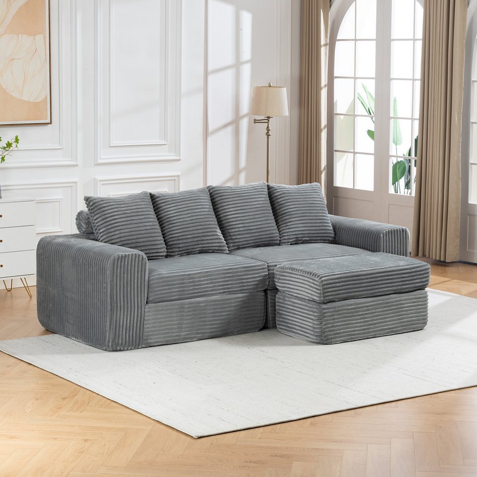 Modulares Cord Ecksofa in Grau mit separatem Fußhocker