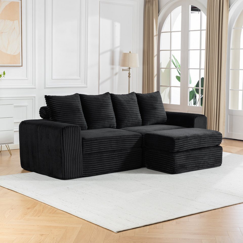 Schwarzes modulares Cord Ecksofa mit Fußhocker