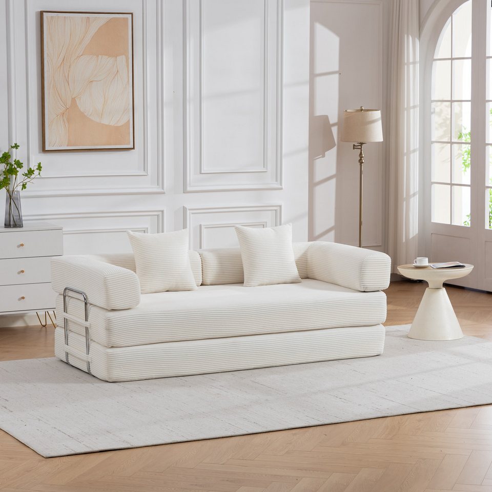 Weißes Cord Schlafsofa 190 cm mit tiefer Sitzfläche