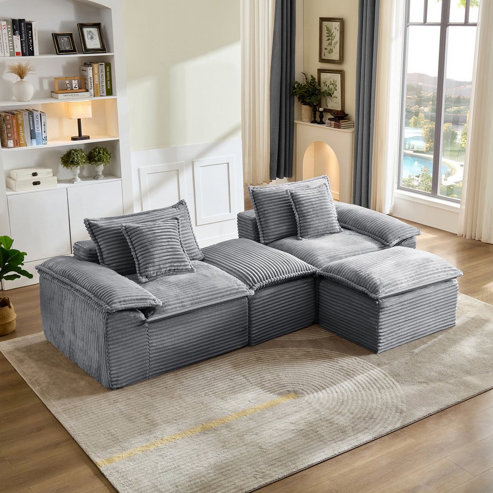 Modulares Cord Bodensofa in Grau mit Hocker und Kissen