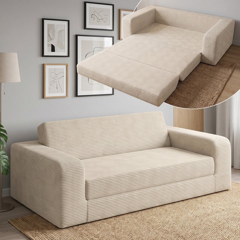 Cord Schlafsofa LAGA in Beige mit Armlehnen