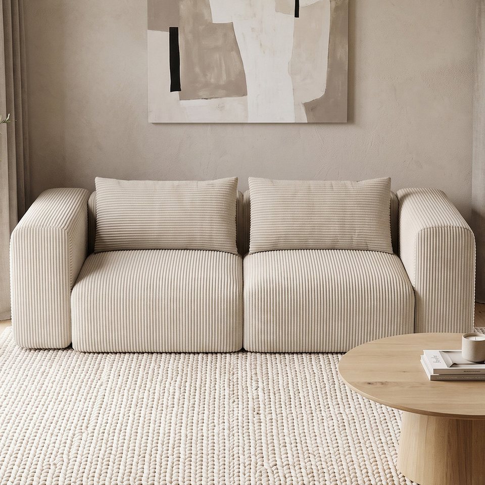Cord Sofa HÅRGA in Beige mit zwei Rückenkissen