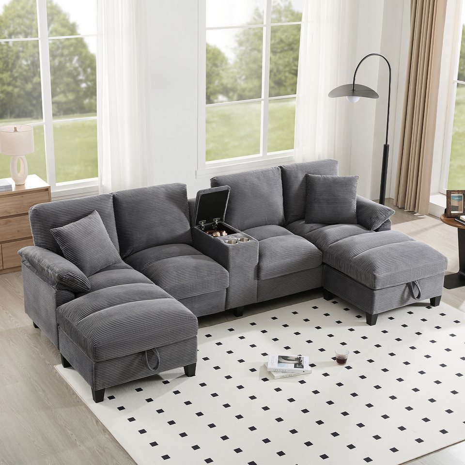 Cord Big Sofa 293 cm in Grau in U-Form mit Stauraum