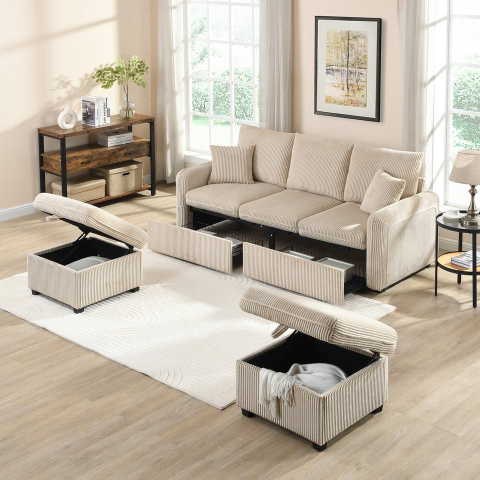 Beiges Cord Ecksofa in L-Form mit Hocker und Schubladen