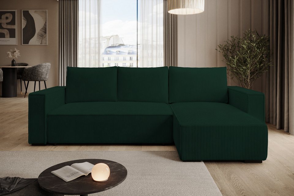 Cord Ecksofa LETTO in Grün mit Ottomane rechts